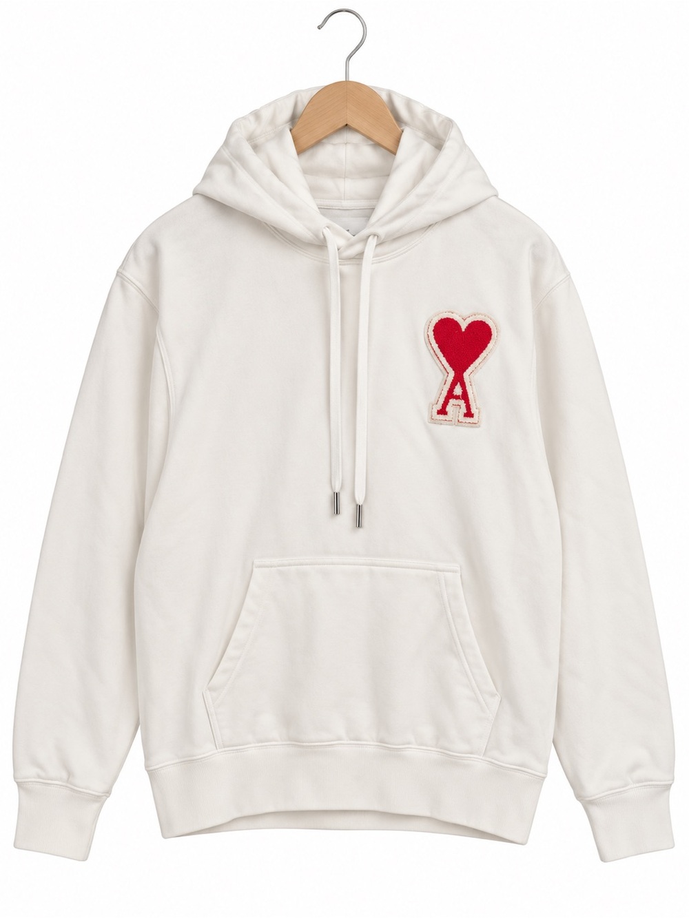 Ami Men's Cream Crewneck Hoodie with Red Heart 'A' Patch